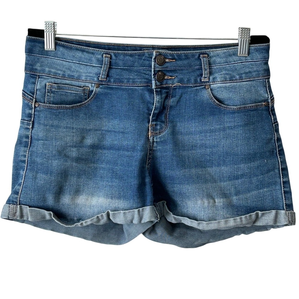 Wax Jean Rolled Cuff Stretchy Blue Denim Shorts Double Button Women's Size Large